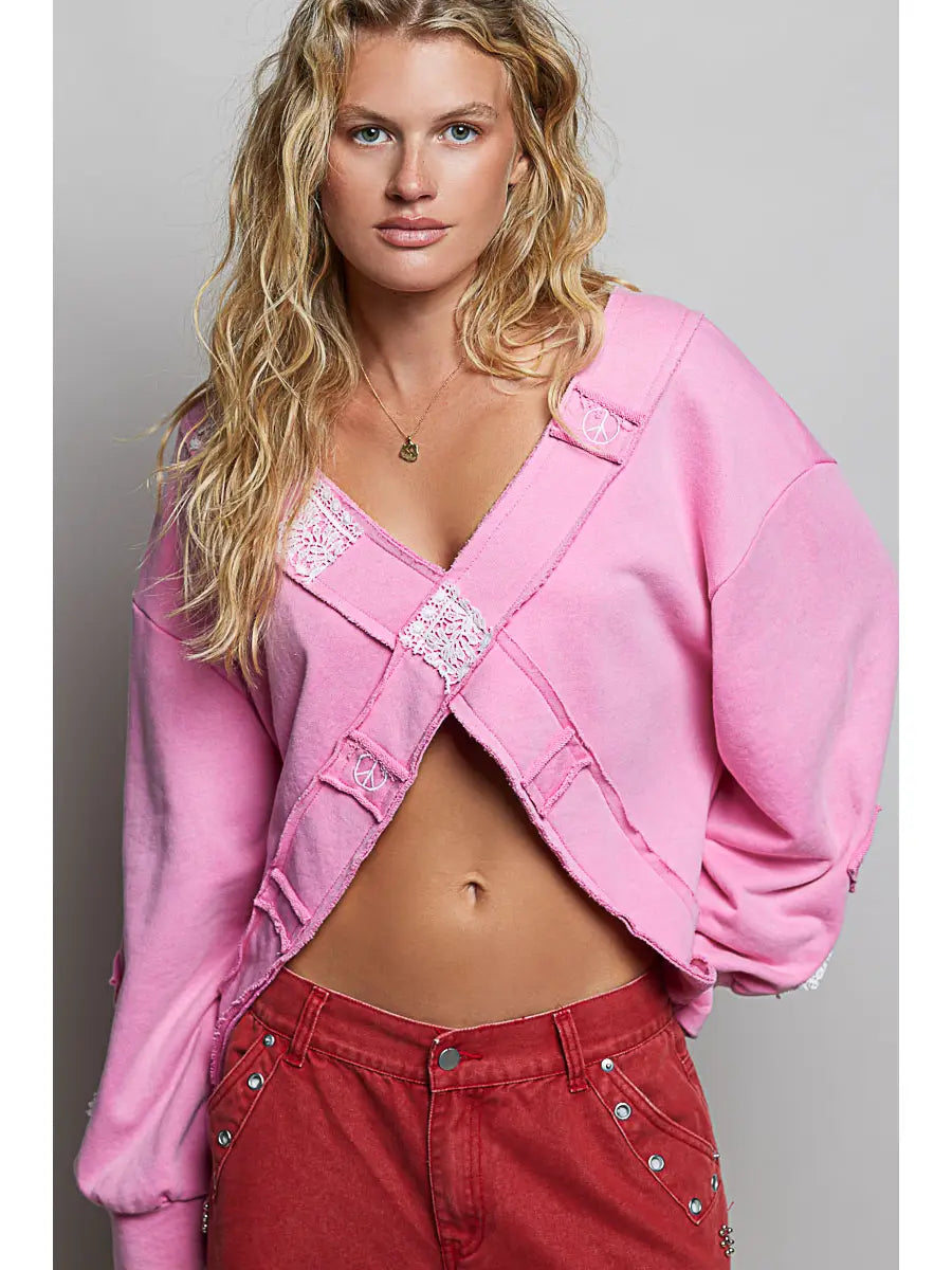 Peace Patchwork V-Neck Sweater - Candy Pink