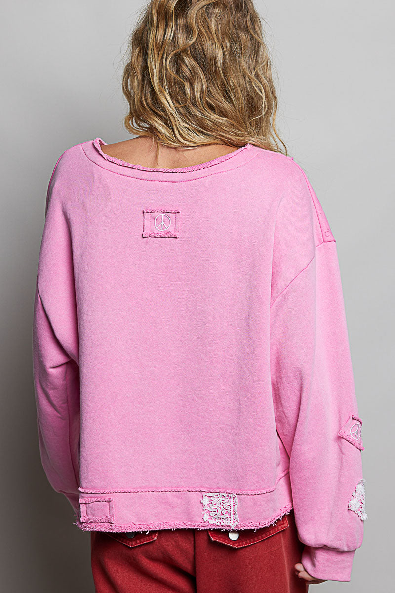 Peace Patchwork V-Neck Sweater - Candy Pink