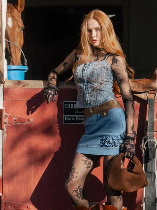 Pinstripe Embroidered Denim Tank Top