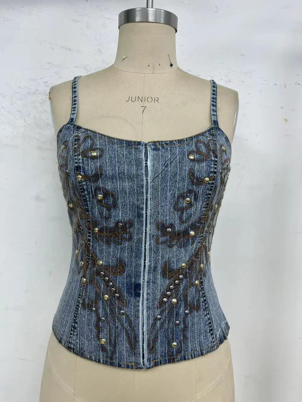 Pinstripe Embroidered Denim Tank Top