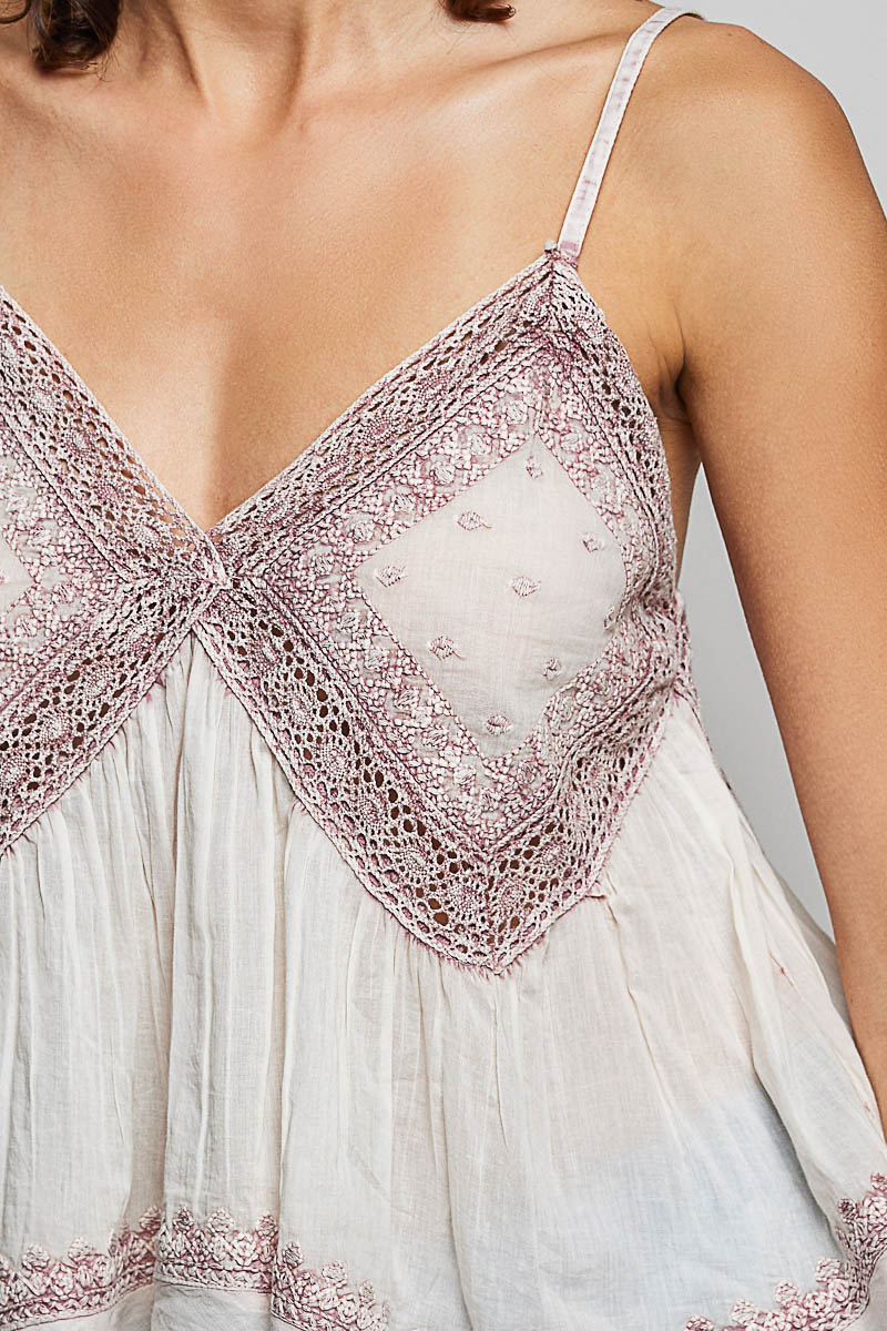 V-Neck Washed Embroidered Tank - Rose Pink