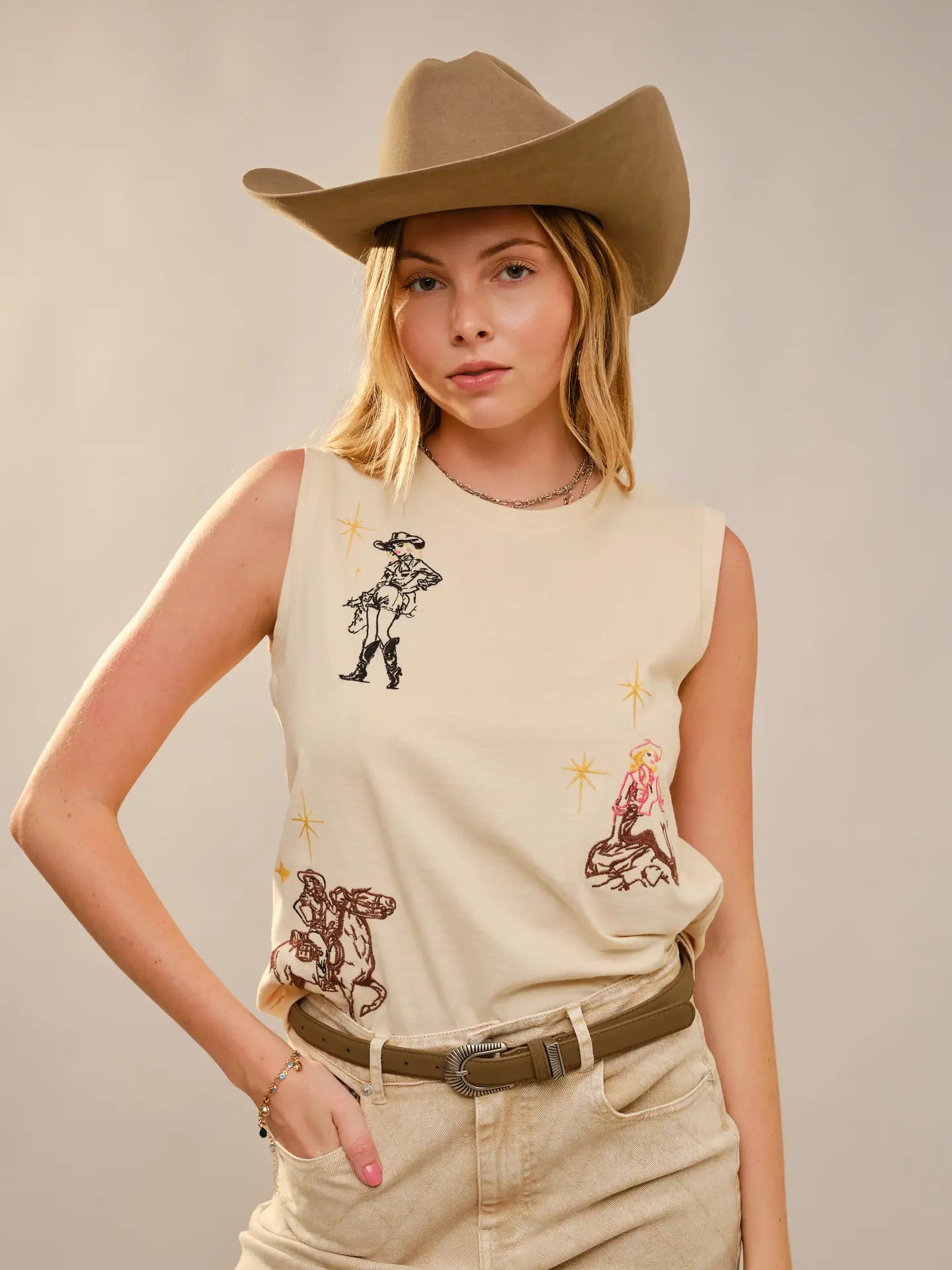 Western Motif Embroidered Sleeveless Top