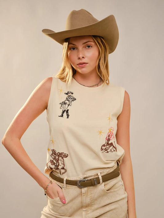 Western Motif Embroidered Sleeveless Top