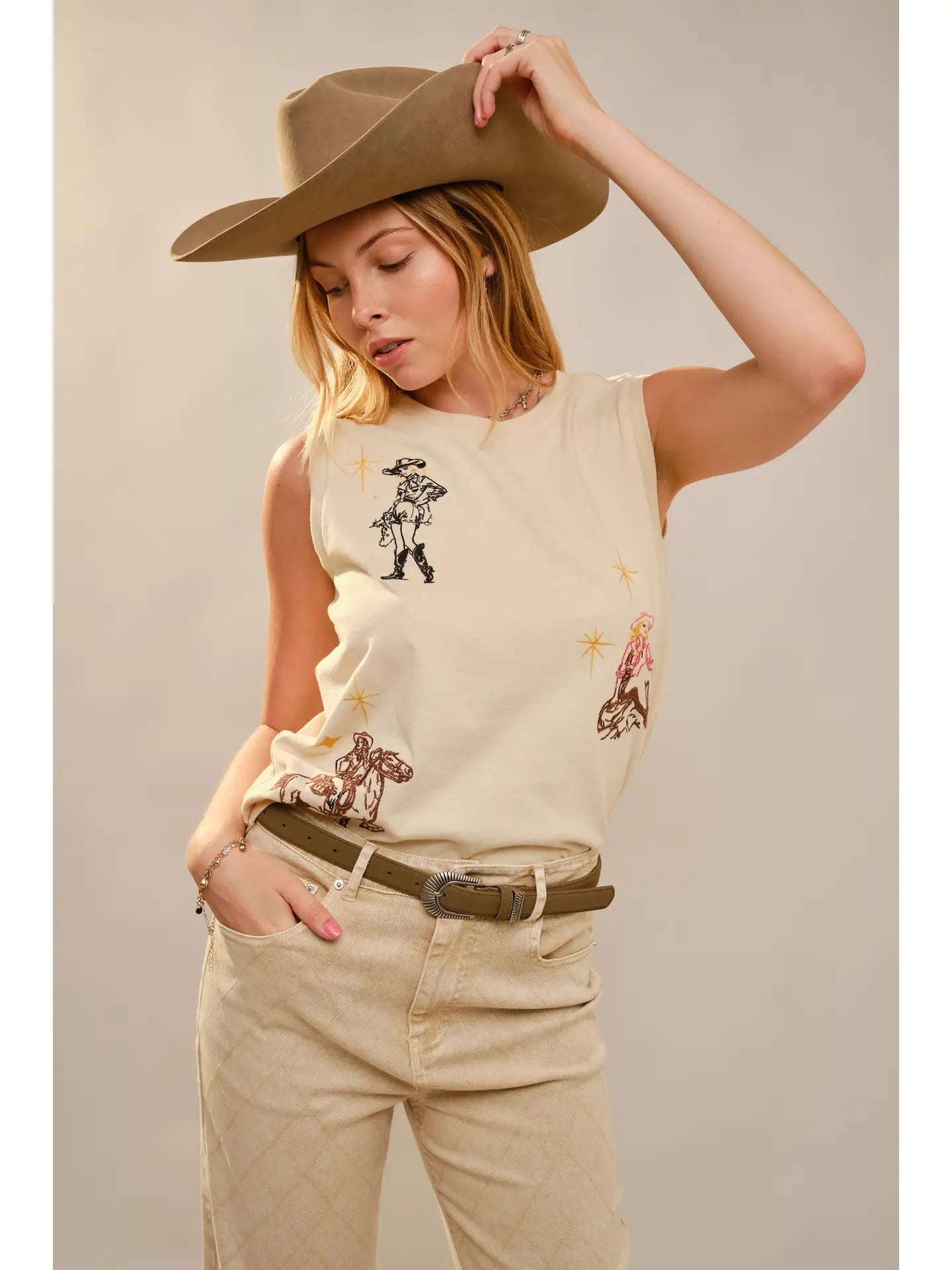 Western Motif Embroidered Sleeveless Top