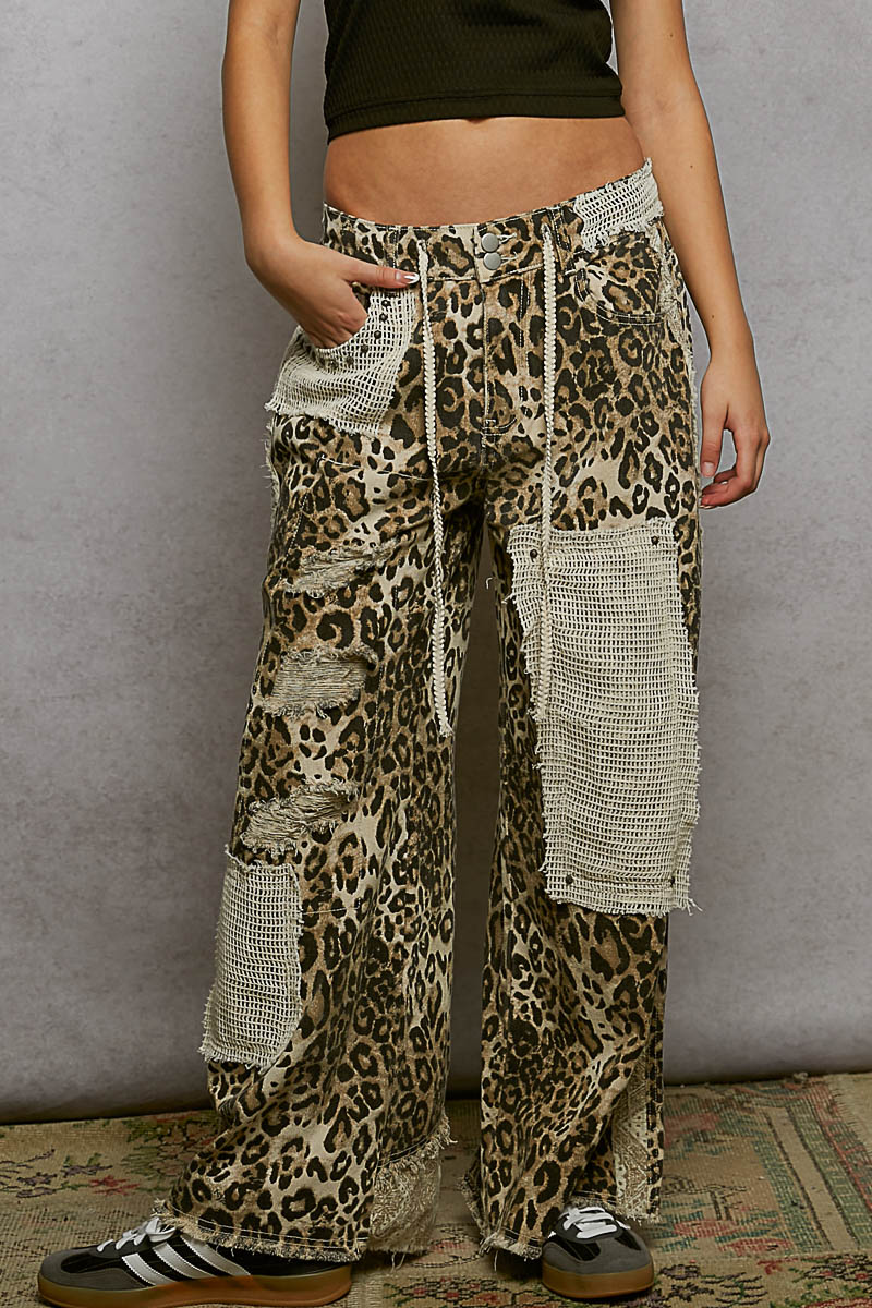 Stud Detail Woven Denim Pants - Sand Leopard