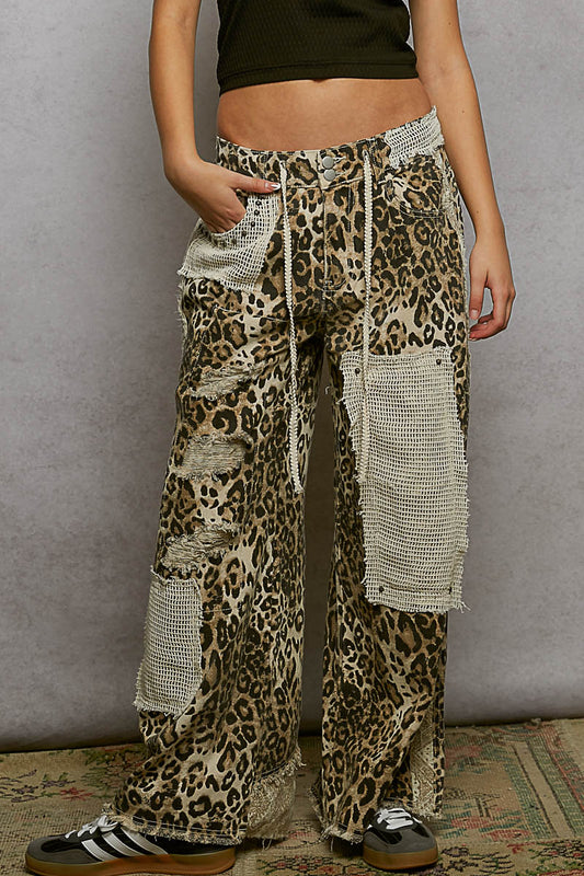 Stud Detail Woven Denim Pants - Sand Leopard