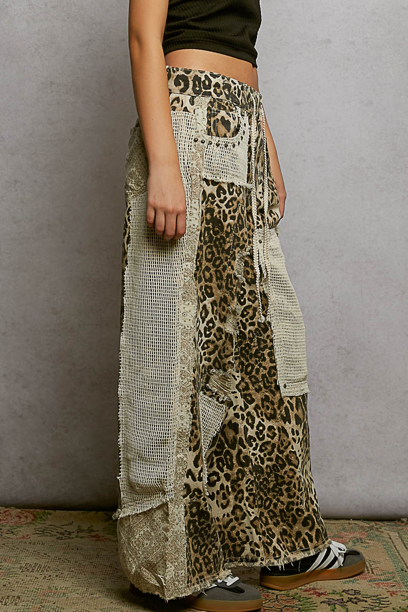 Stud Detail Woven Denim Pants - Sand Leopard