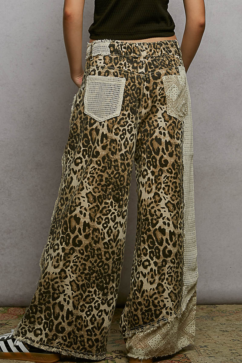 Stud Detail Woven Denim Pants - Sand Leopard