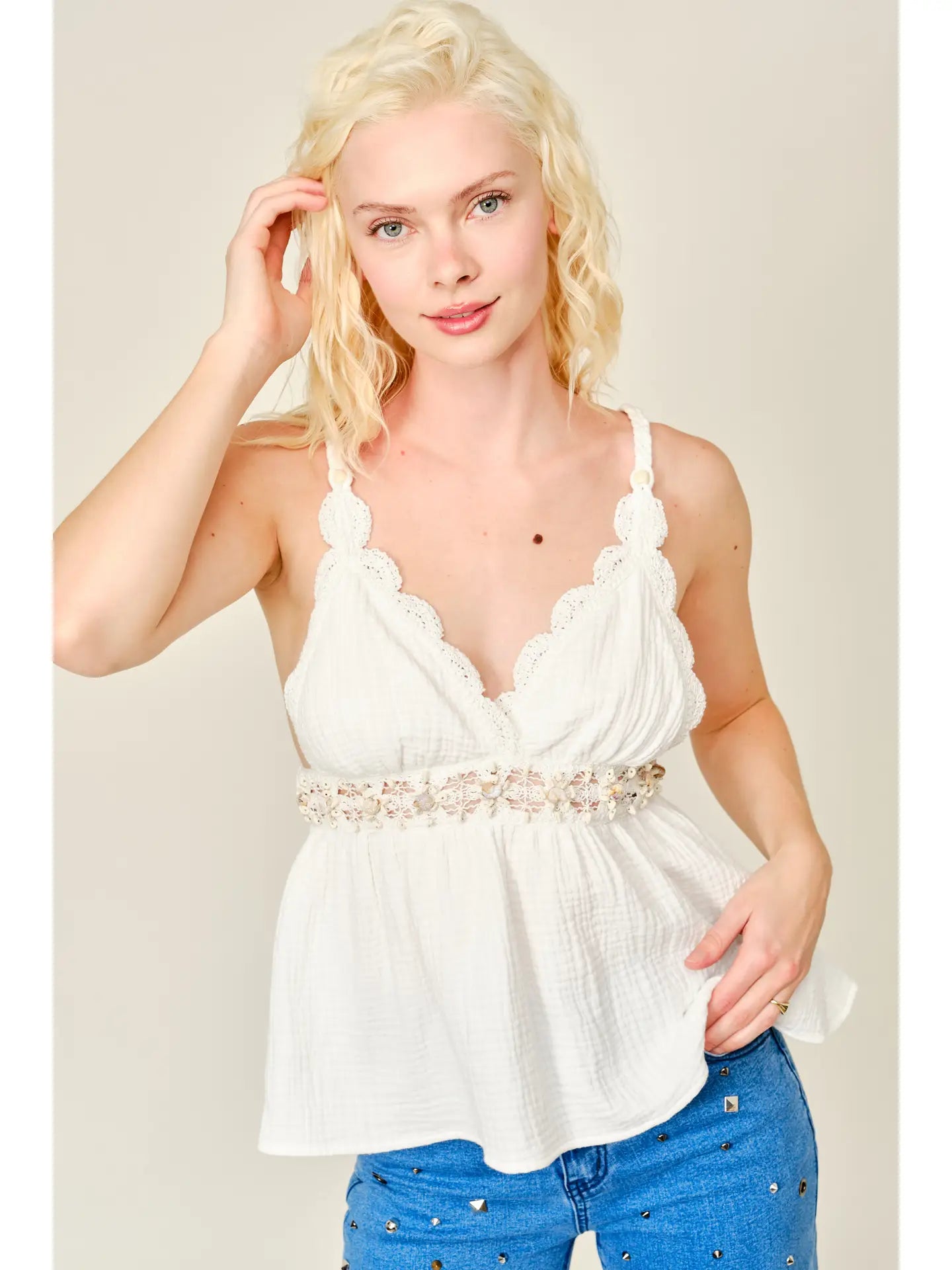 Crochet Lace Shell Trim Cami Top