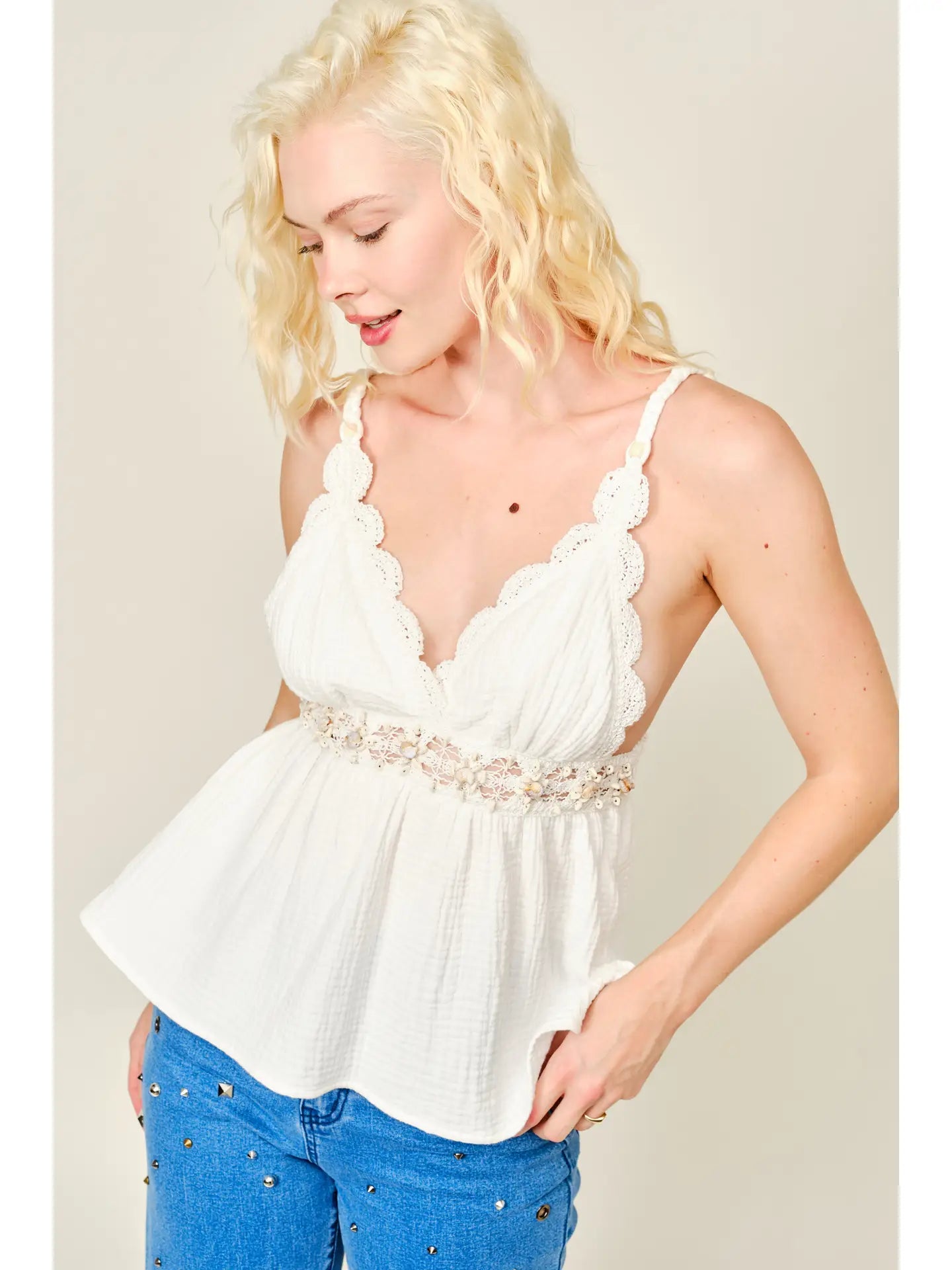 Crochet Lace Shell Trim Cami Top