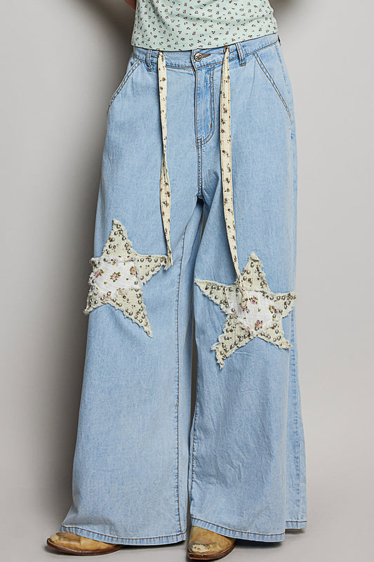 Denim Wash Double Star Patch Pants