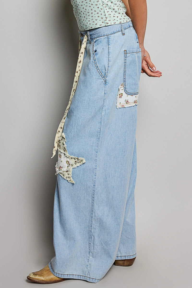 Denim Wash Double Star Patch Pants