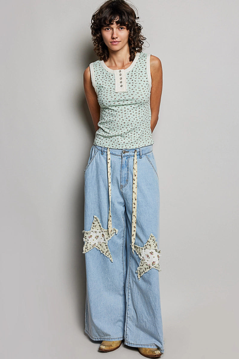 Denim Wash Double Star Patch Pants