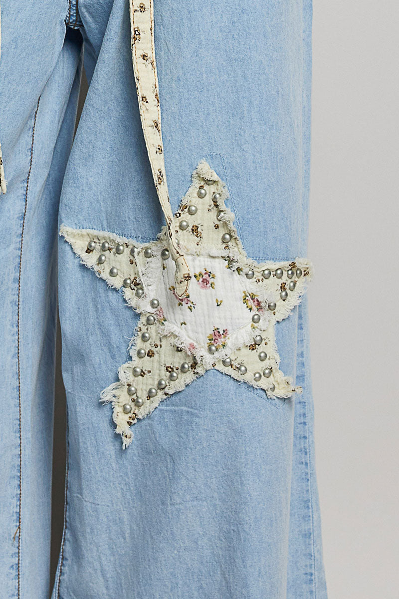 Denim Wash Double Star Patch Pants