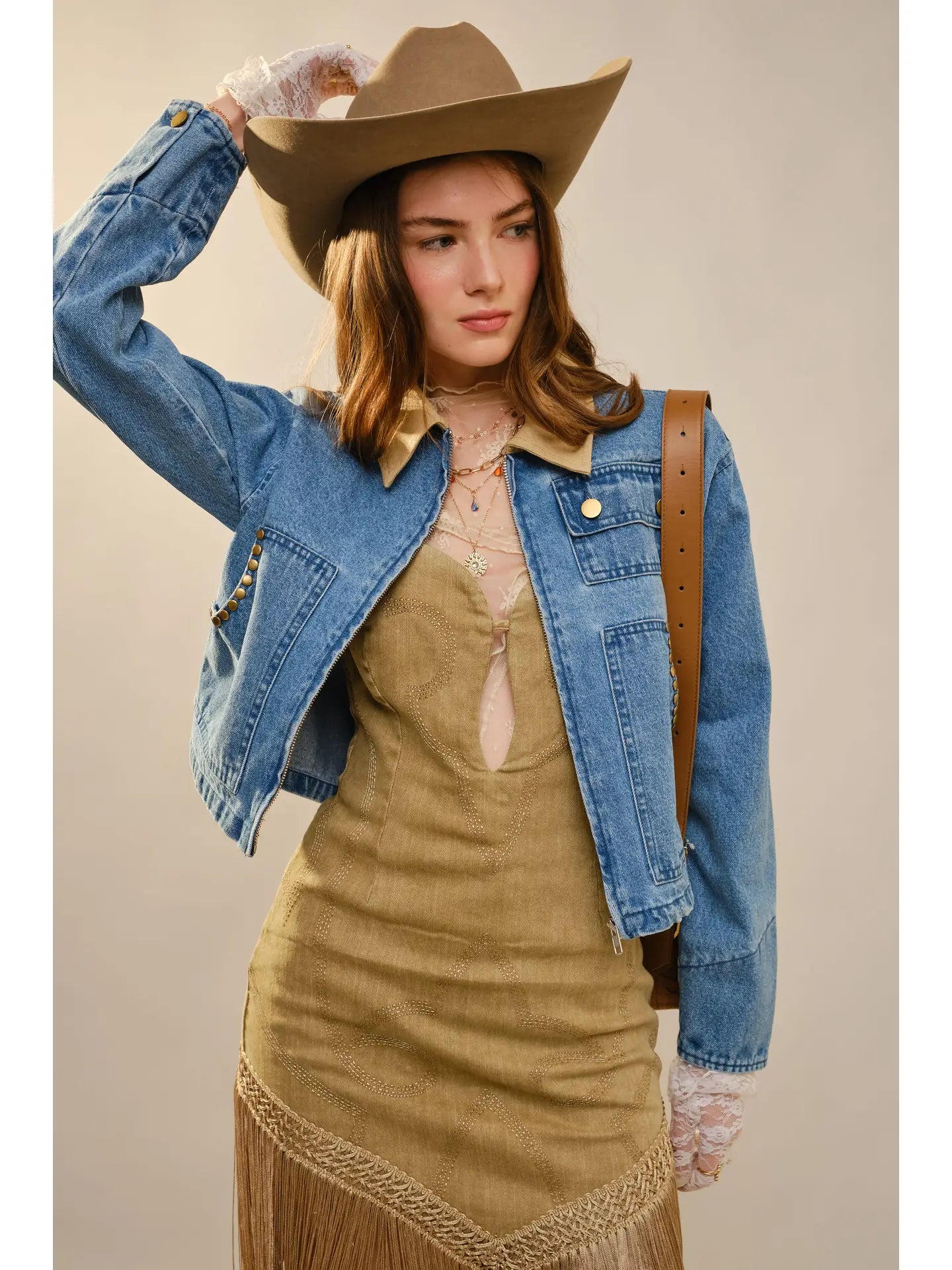 Stud Trimmed Cropped Denim Jacket