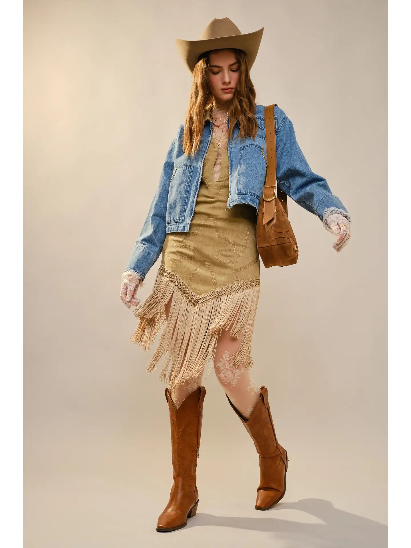 Stud Trimmed Cropped Denim Jacket