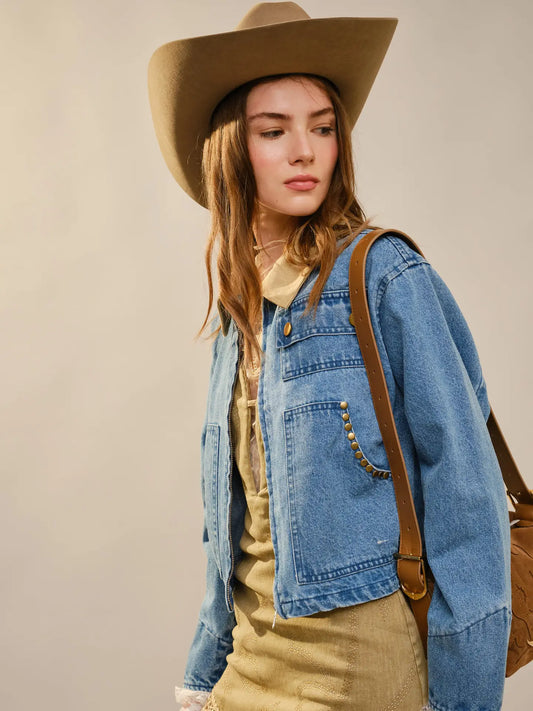 Stud Trimmed Cropped Denim Jacket