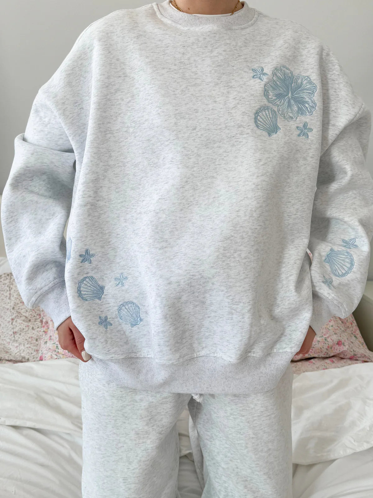 Pearl Grey Tropical Embroidery Hoodie