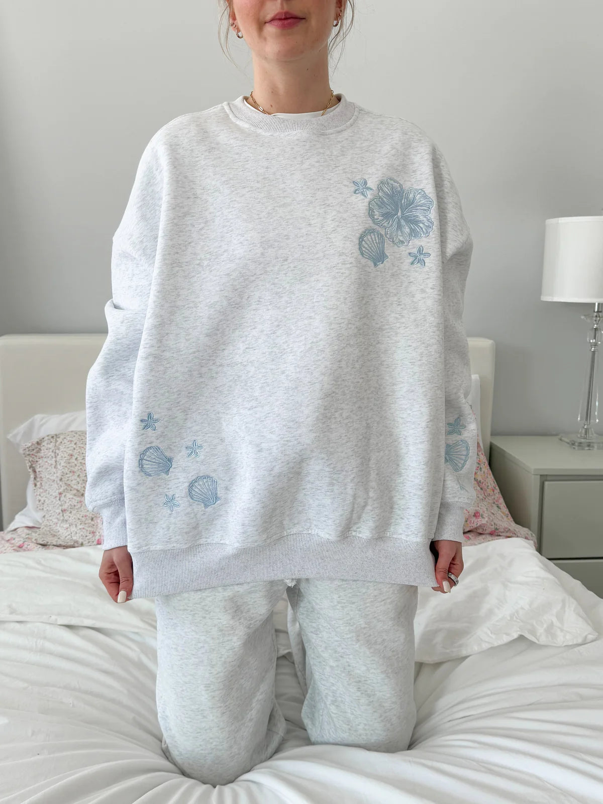 Pearl Grey Tropical Embroidery Hoodie