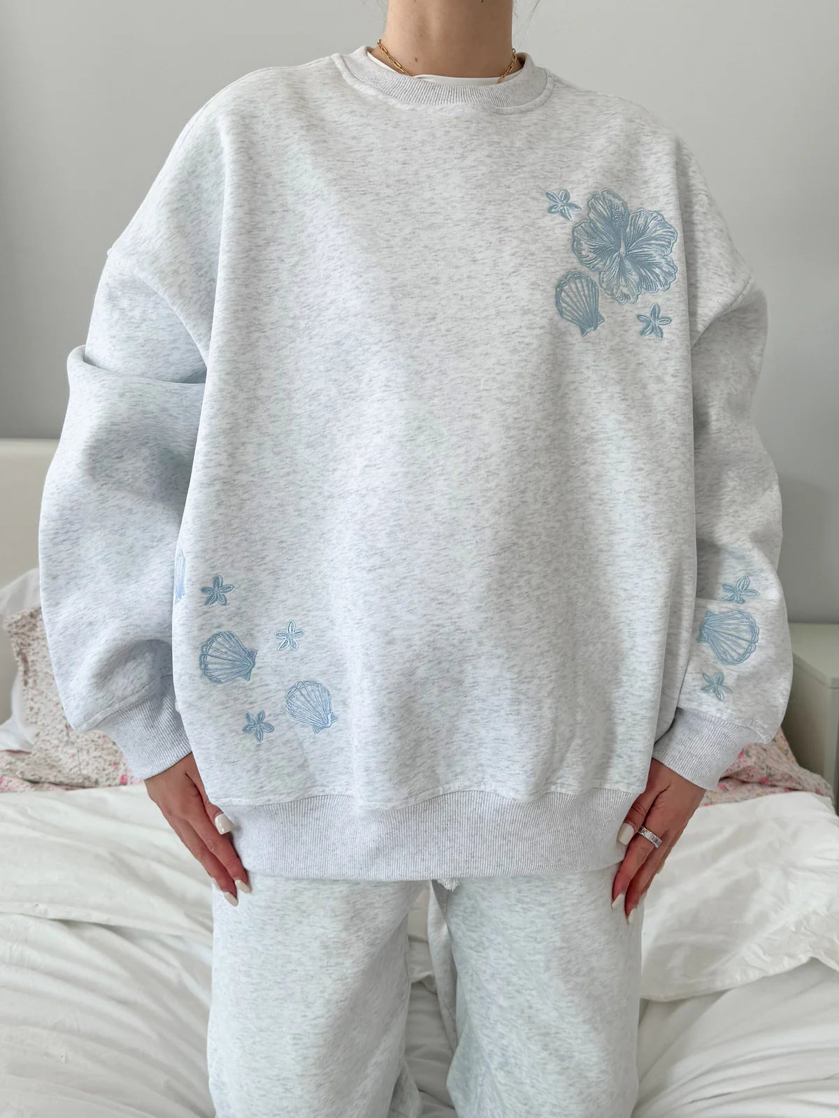Pearl Grey Tropical Embroidery Hoodie