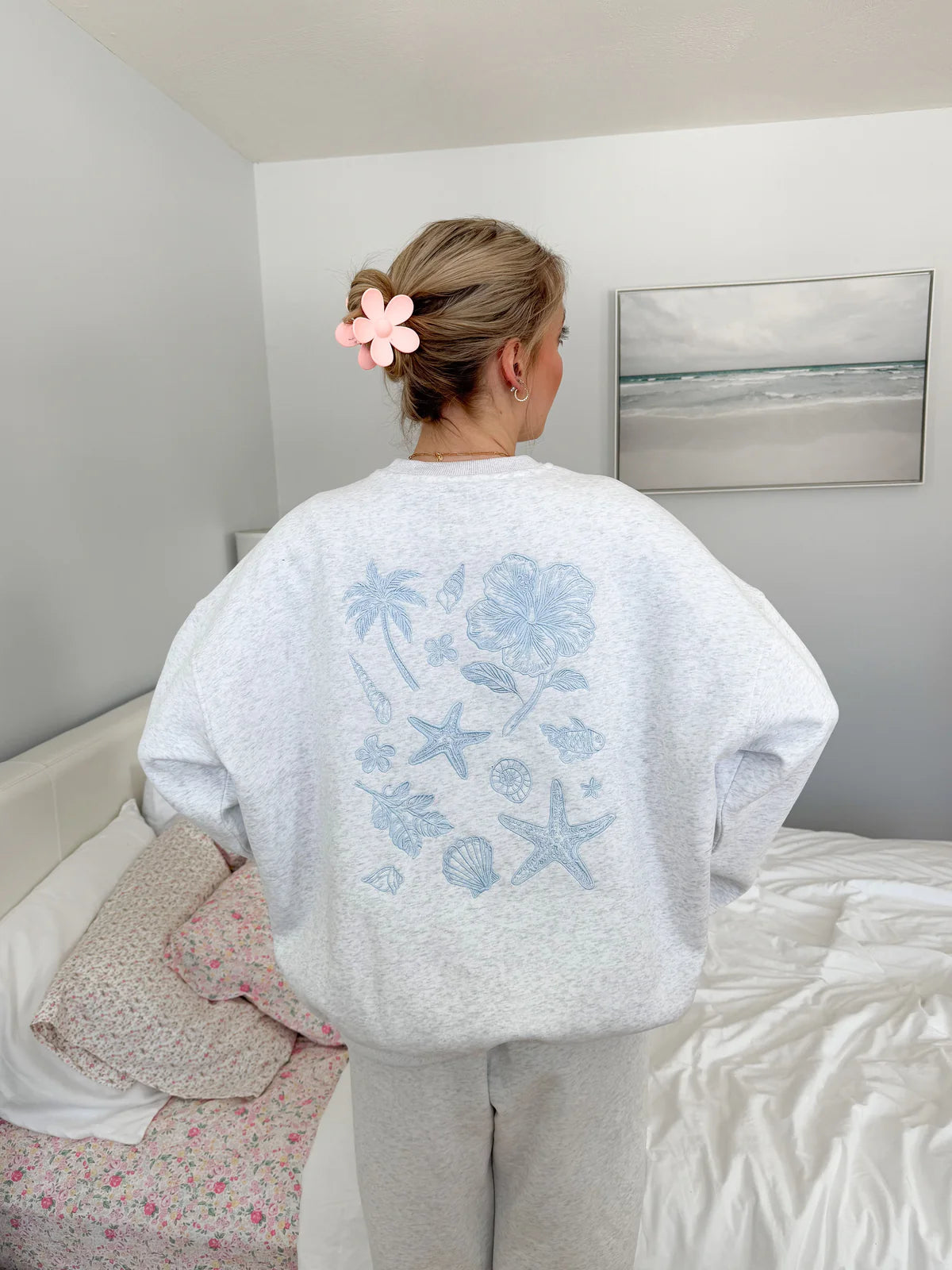 Pearl Grey Tropical Embroidery Hoodie