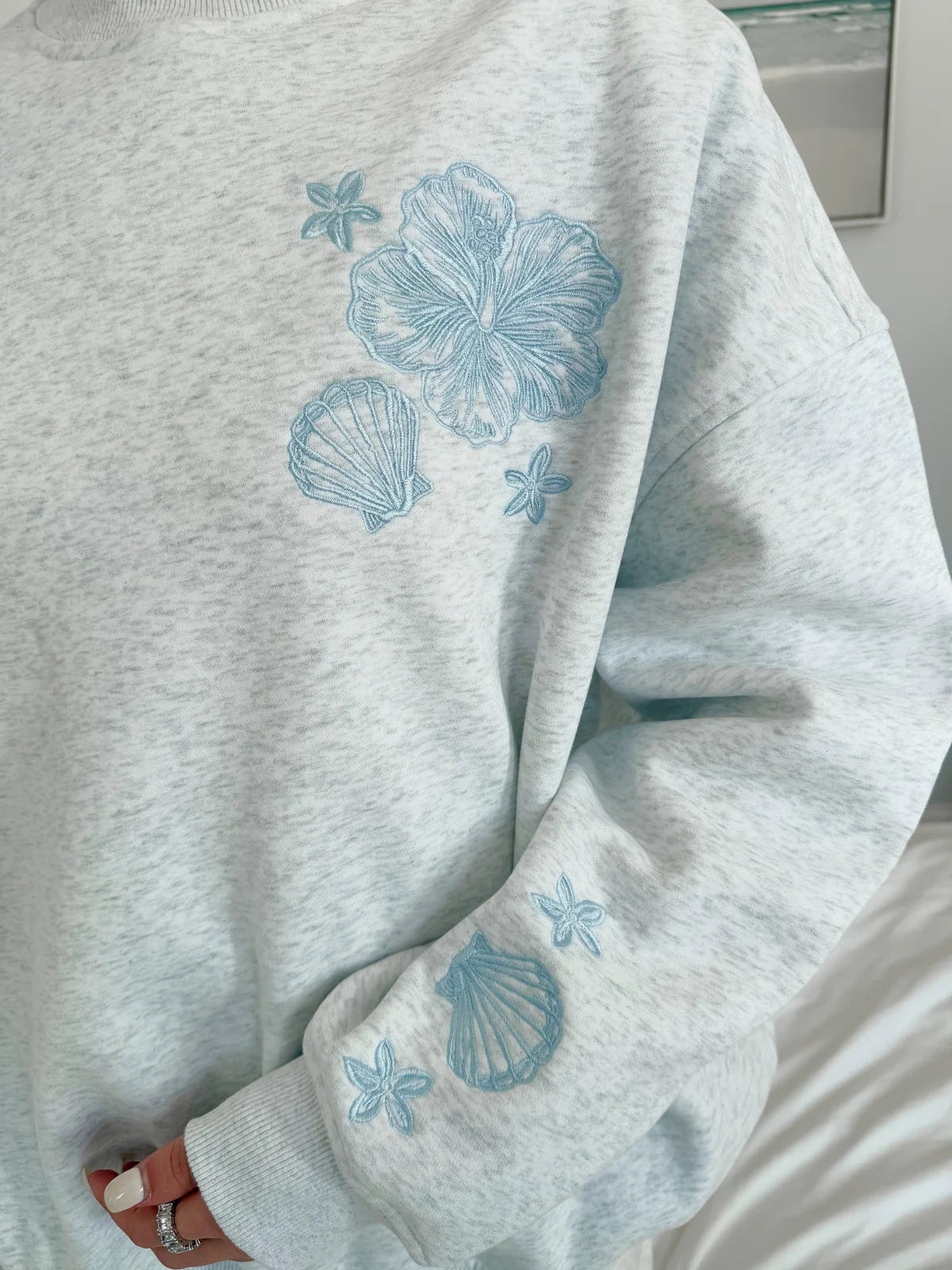 Pearl Grey Tropical Embroidery Hoodie