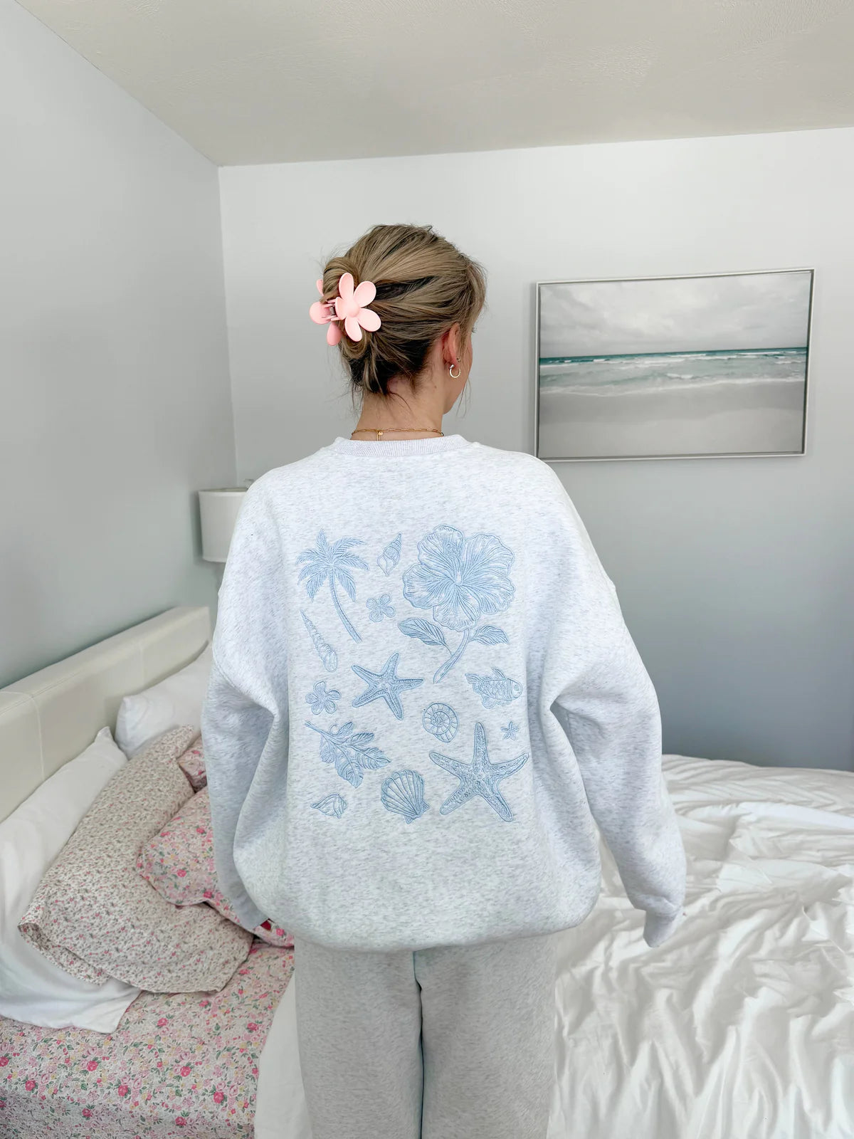 Pearl Grey Tropical Embroidery Hoodie