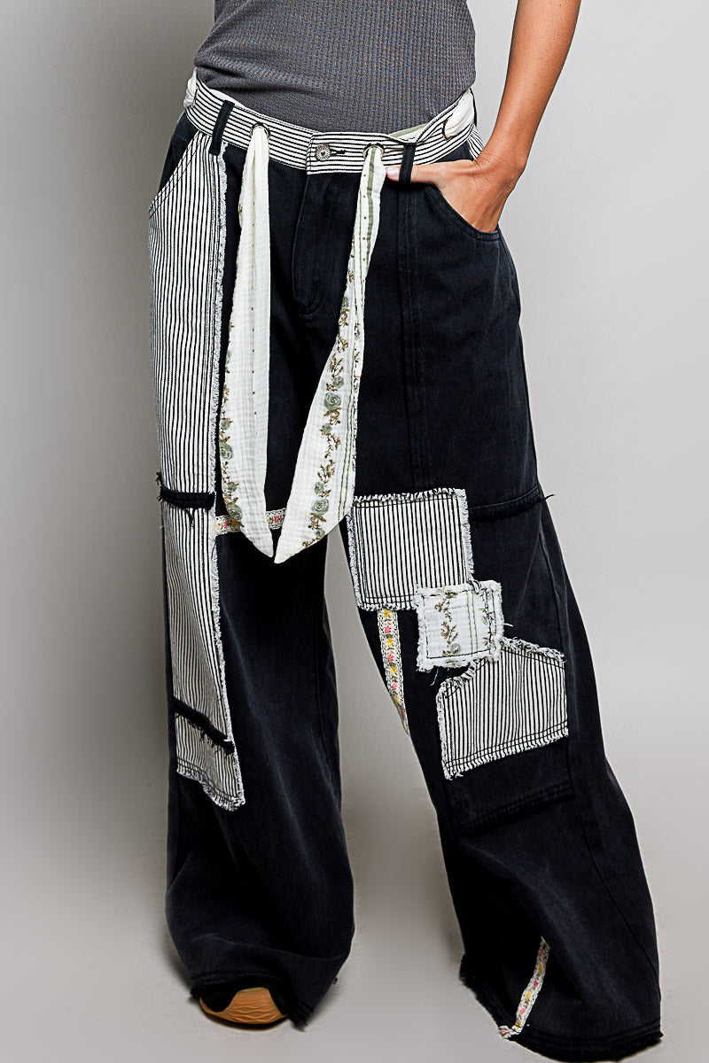Striped Patch Wide Leg Twill Pants - Denim