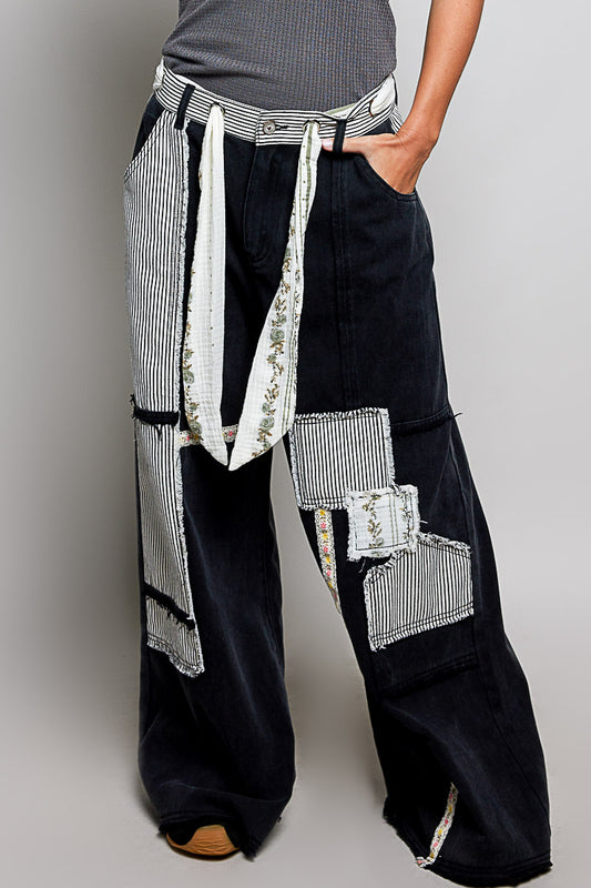 Striped Patch Wide Leg Twill Pants - Denim