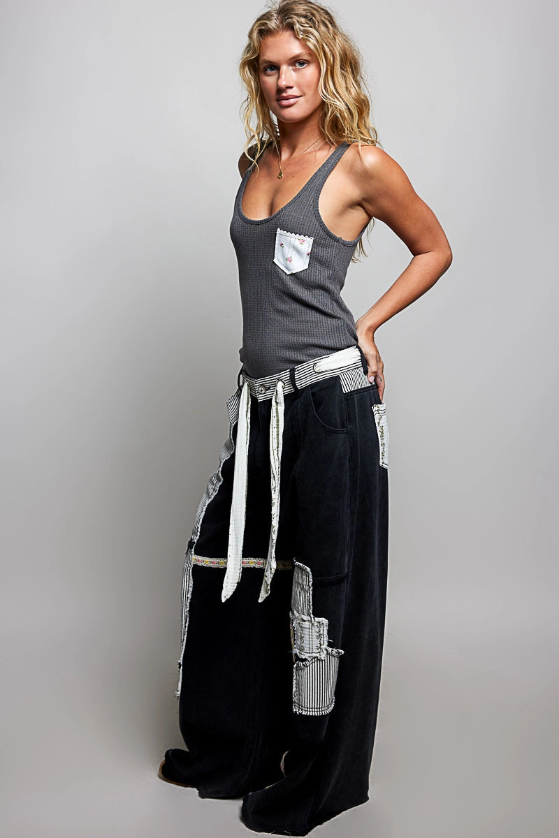 Striped Patch Wide Leg Twill Pants - Denim