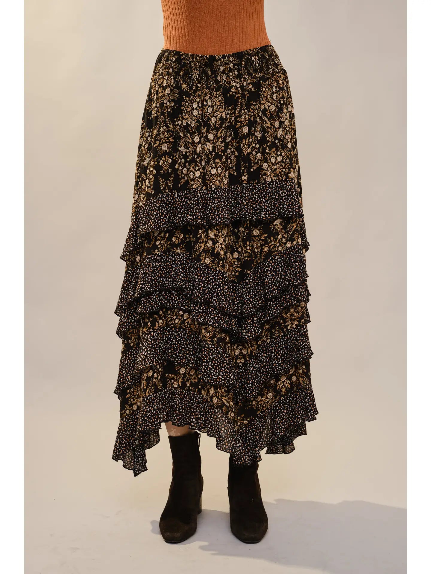 Twin Printed Layered Ruffle Elastic Waist Maxi Skirt