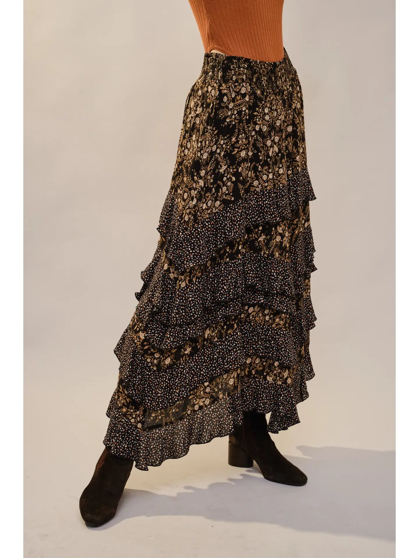 Twin Printed Layered Ruffle Elastic Waist Maxi Skirt