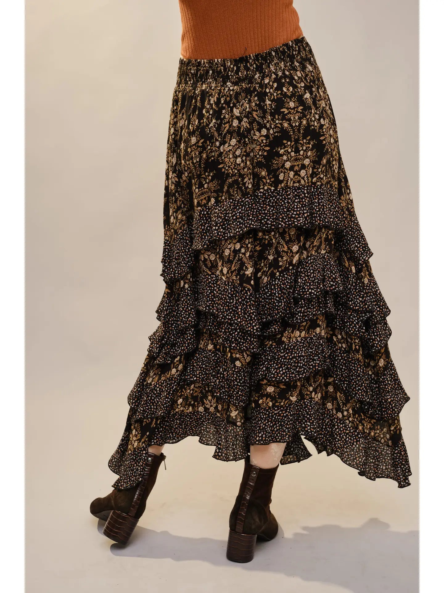 Twin Printed Layered Ruffle Elastic Waist Maxi Skirt