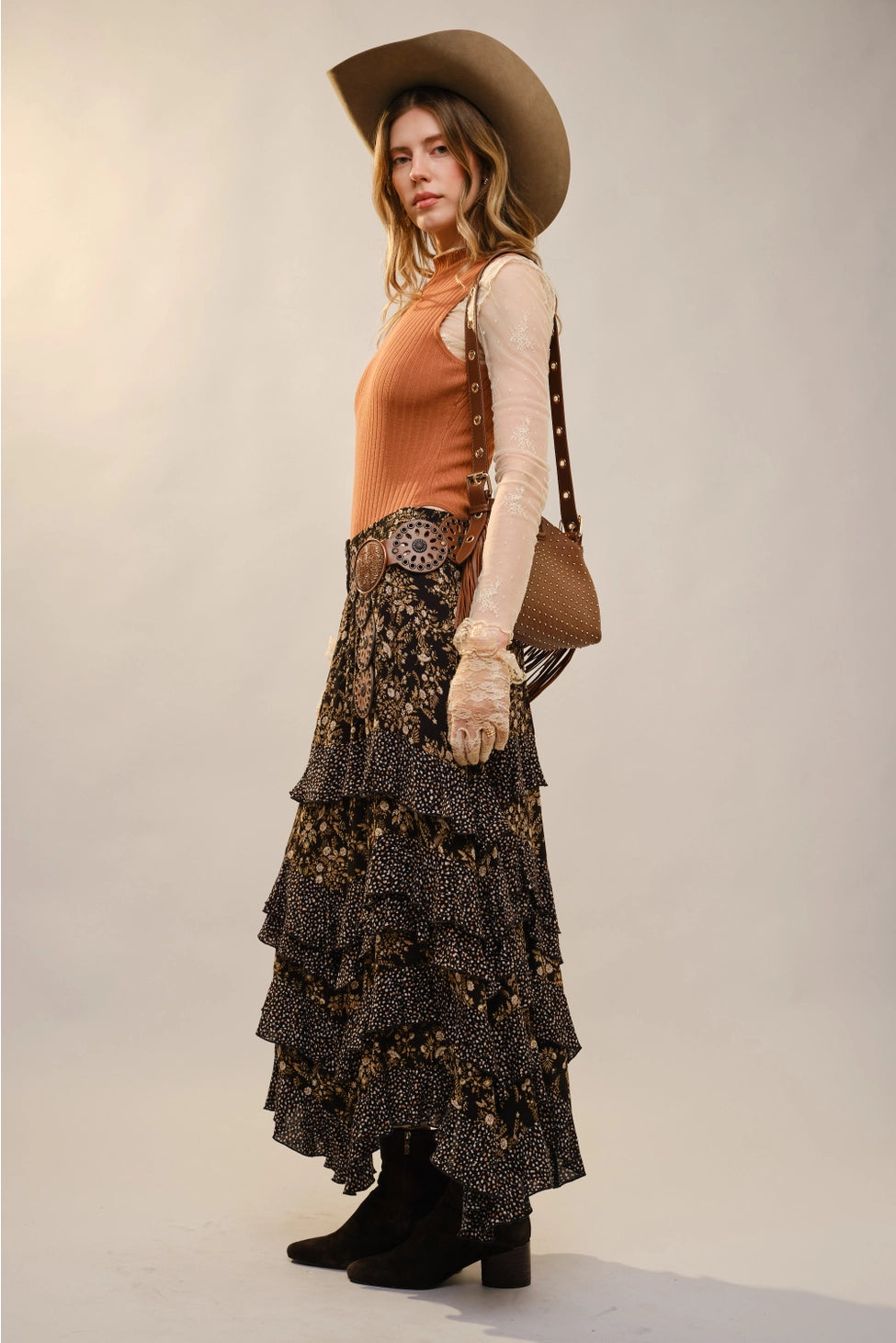 Twin Printed Layered Ruffle Elastic Waist Maxi Skirt