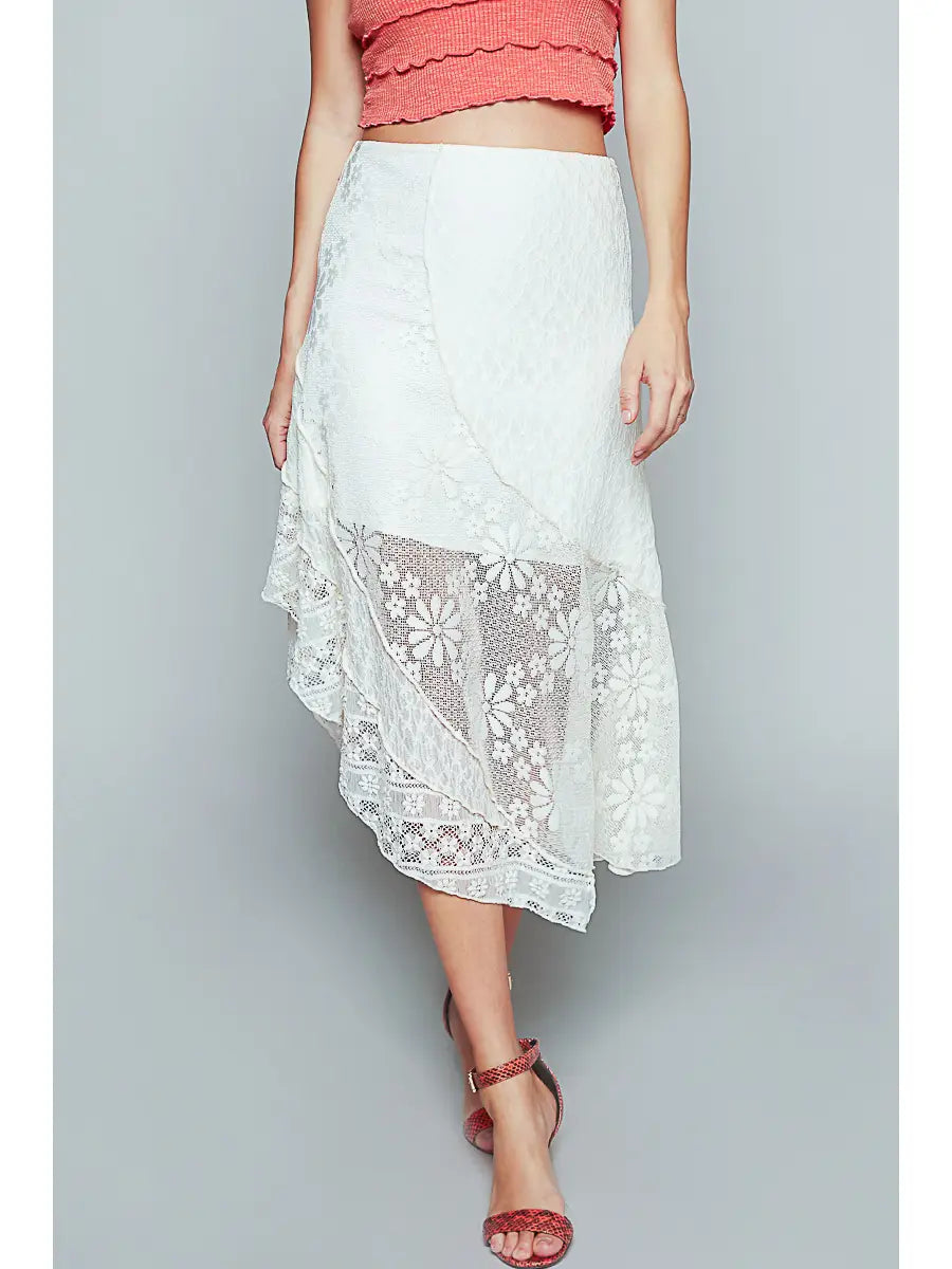 Unbalanced Hem Solid Lace Skirt - Off White