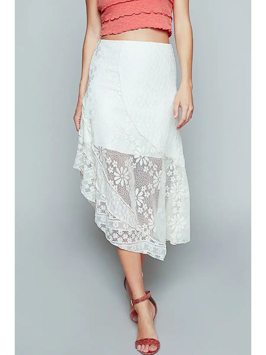 Unbalanced Hem Solid Lace Skirt - Off White