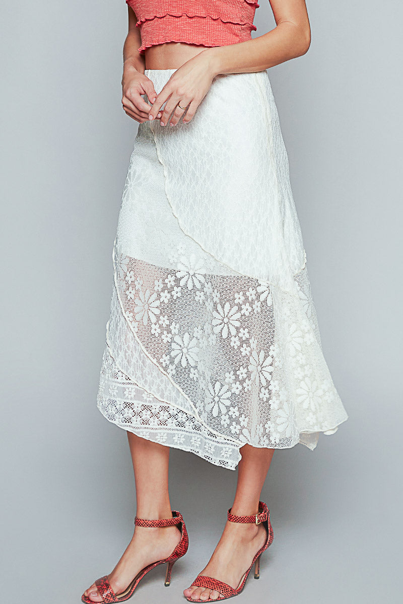 Unbalanced Hem Solid Lace Skirt - Off White