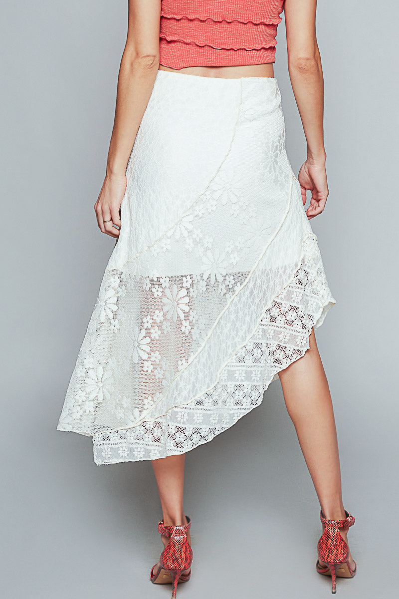 Unbalanced Hem Solid Lace Skirt - Off White
