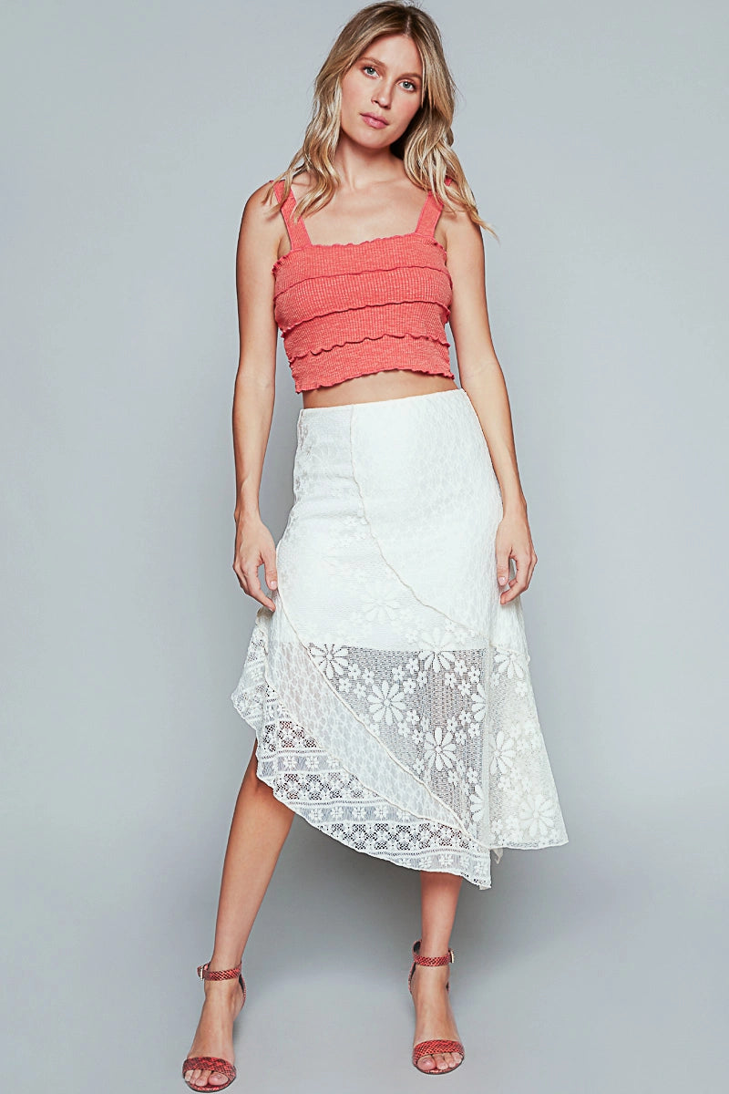 Unbalanced Hem Solid Lace Skirt - Off White