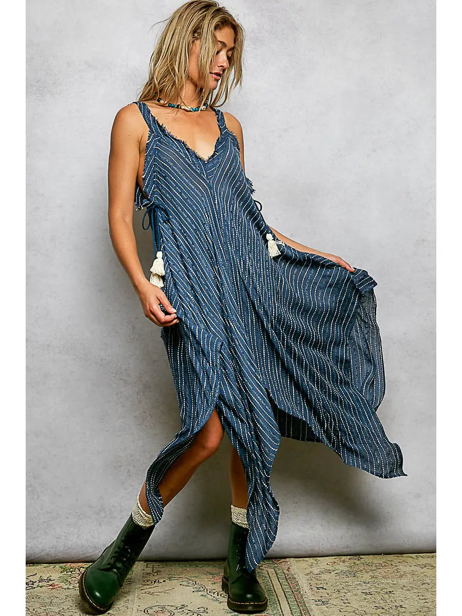 Navy V-Neck Sleeveless Regular Fit Striped Long Dress