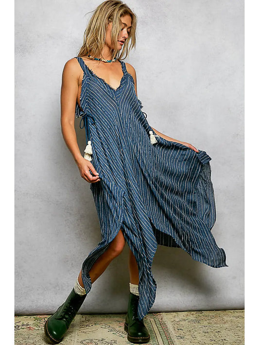 Navy V-Neck Sleeveless Regular Fit Striped Long Dress