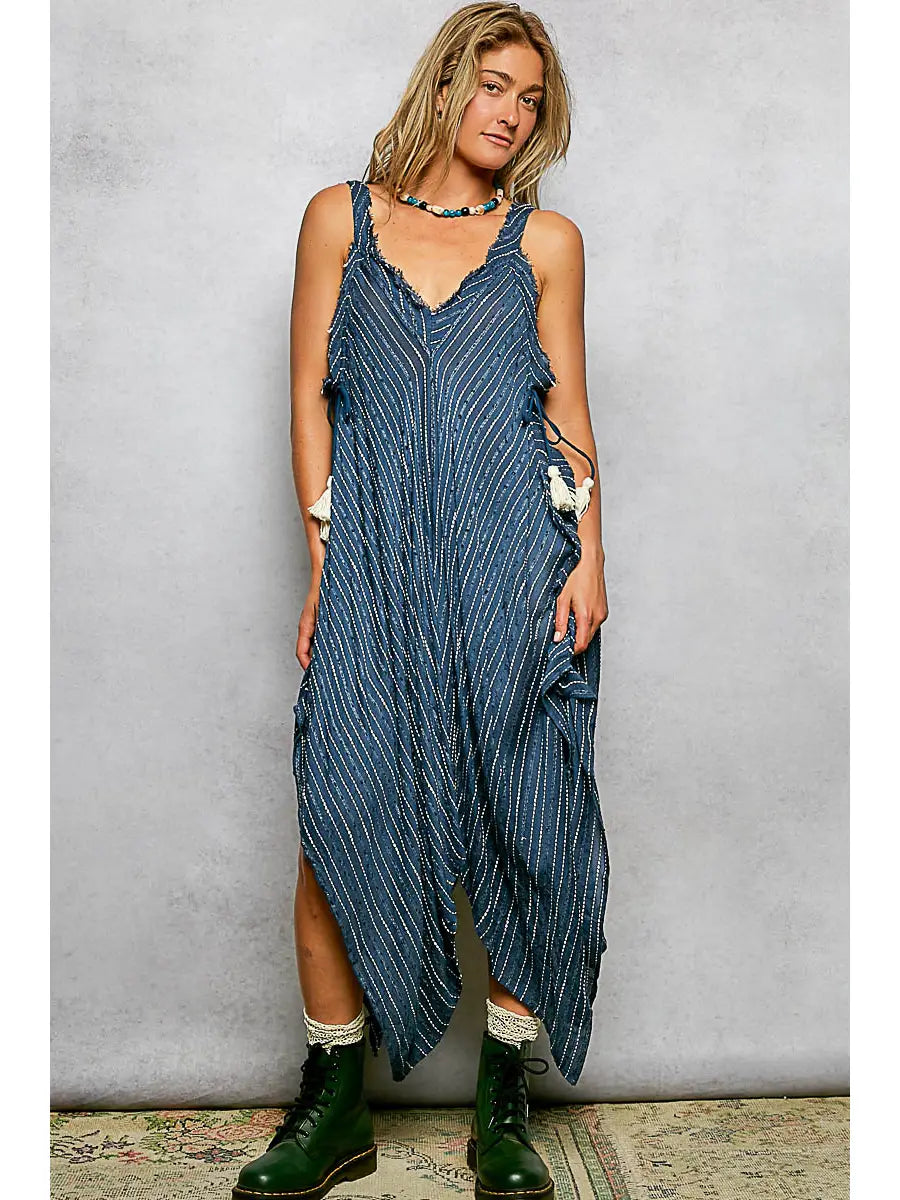 Navy V-Neck Sleeveless Regular Fit Striped Long Dress
