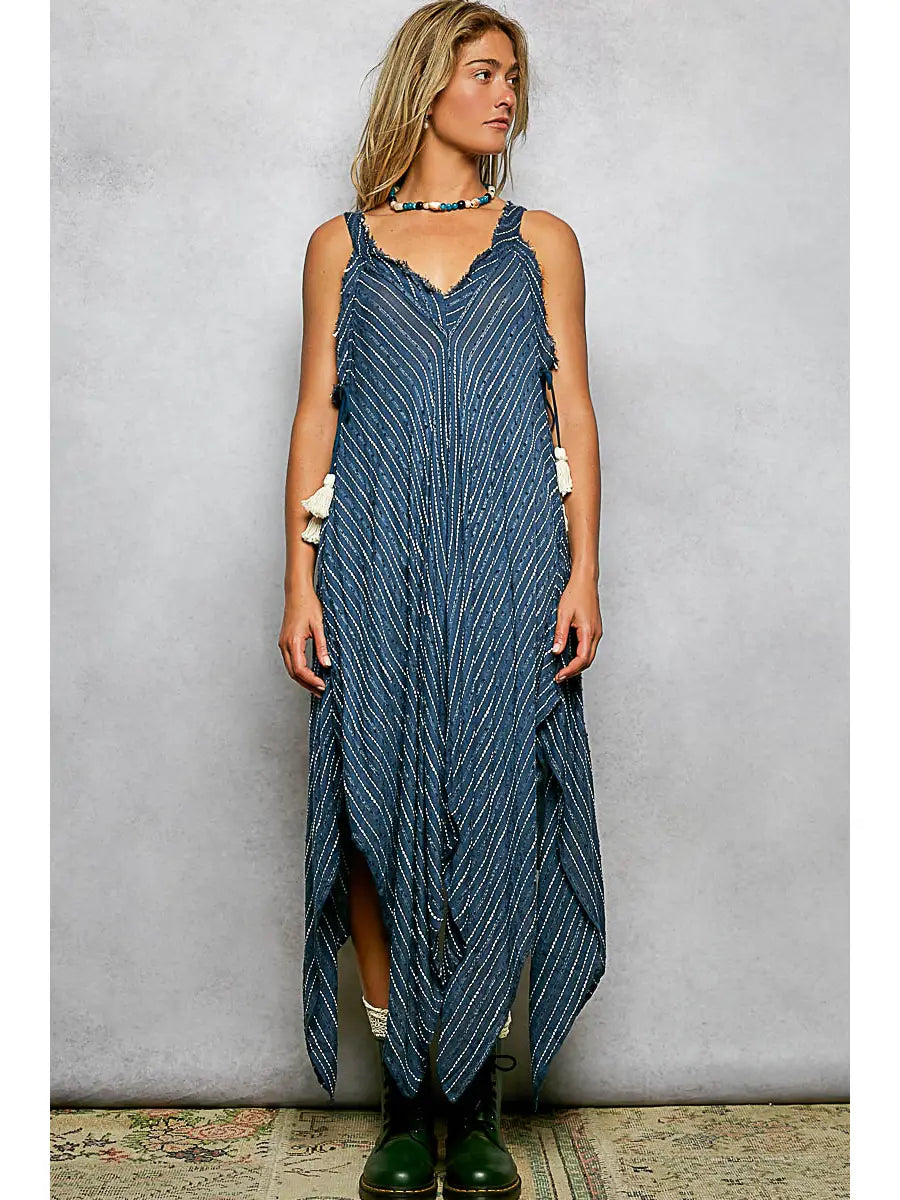 Navy V-Neck Sleeveless Regular Fit Striped Long Dress