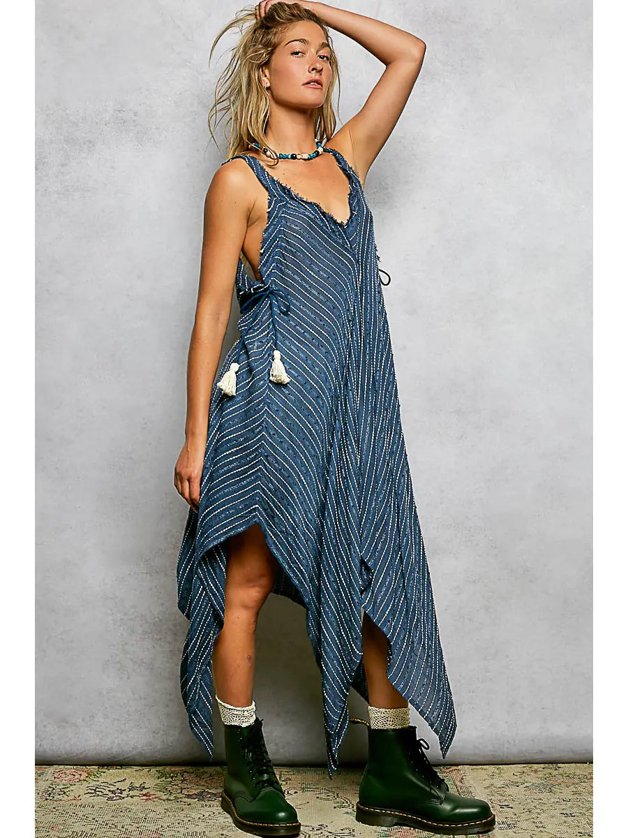 Navy V-Neck Sleeveless Regular Fit Striped Long Dress