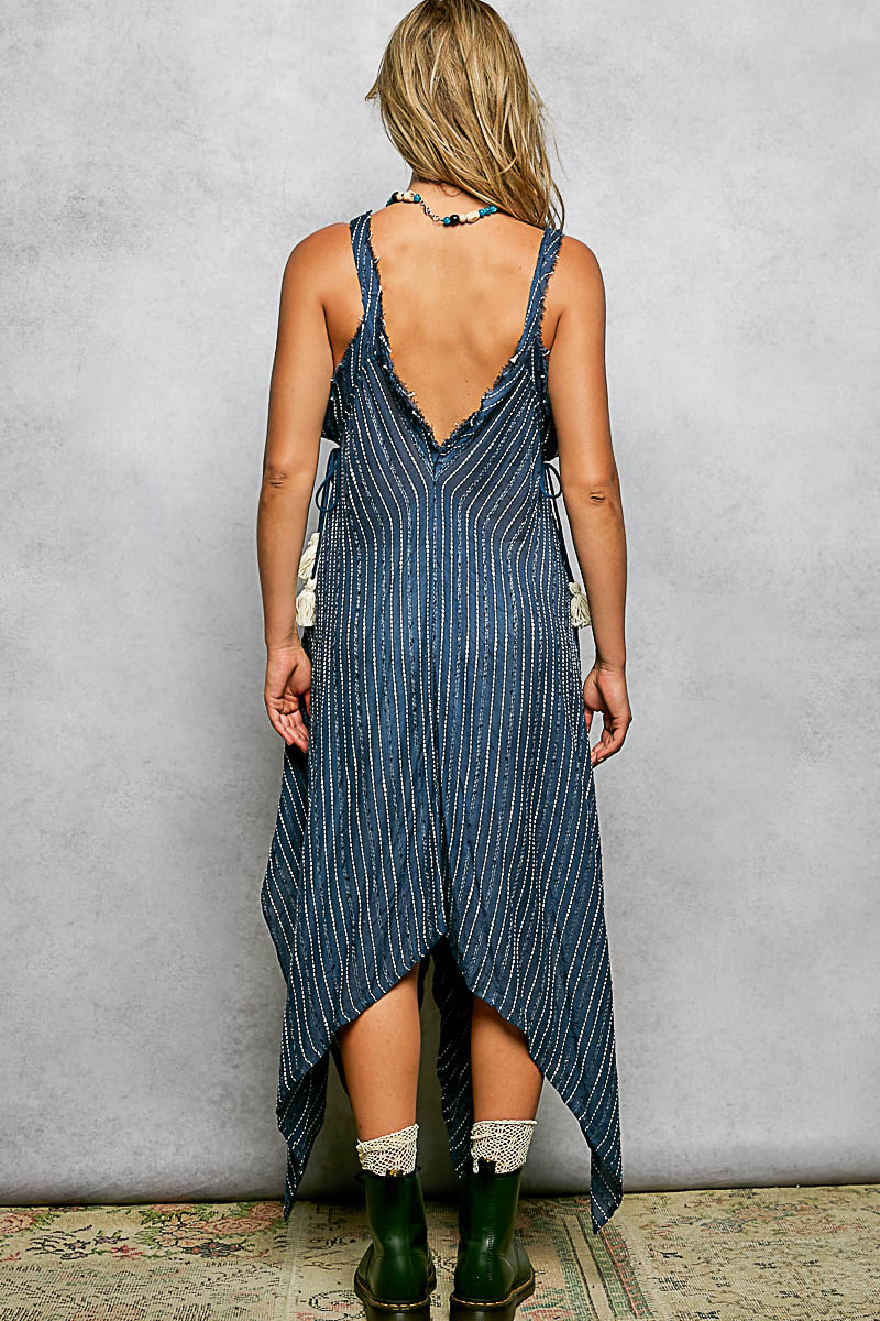 Navy V-Neck Sleeveless Regular Fit Striped Long Dress