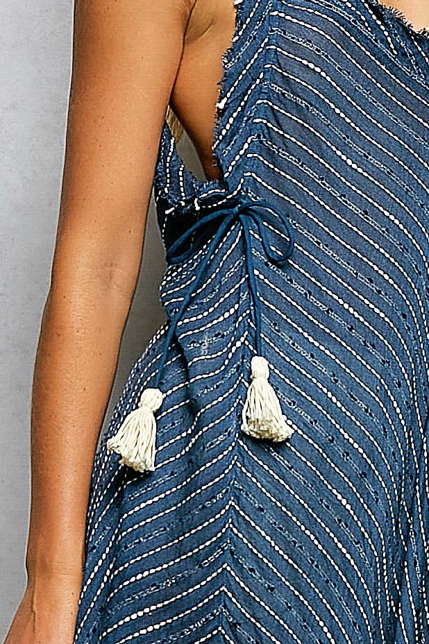 Navy V-Neck Sleeveless Regular Fit Striped Long Dress