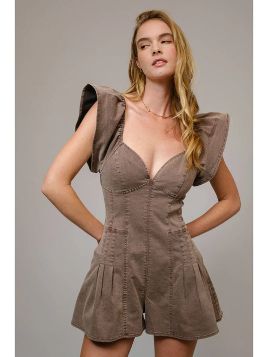 Sweetheart Ruffle Sleeve Denim Romper - Washed Brown