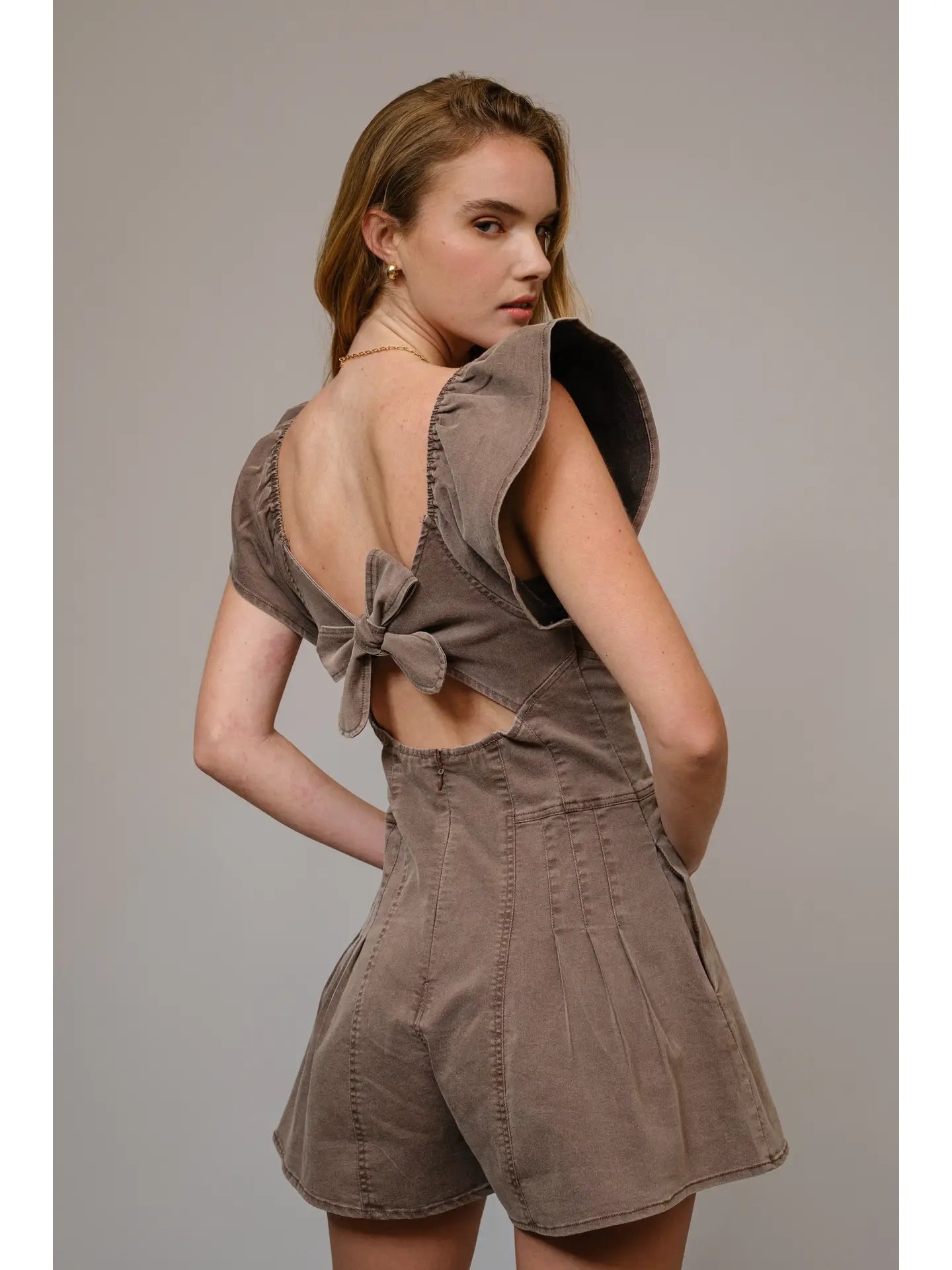 Sweetheart Ruffle Sleeve Denim Romper - Washed Brown