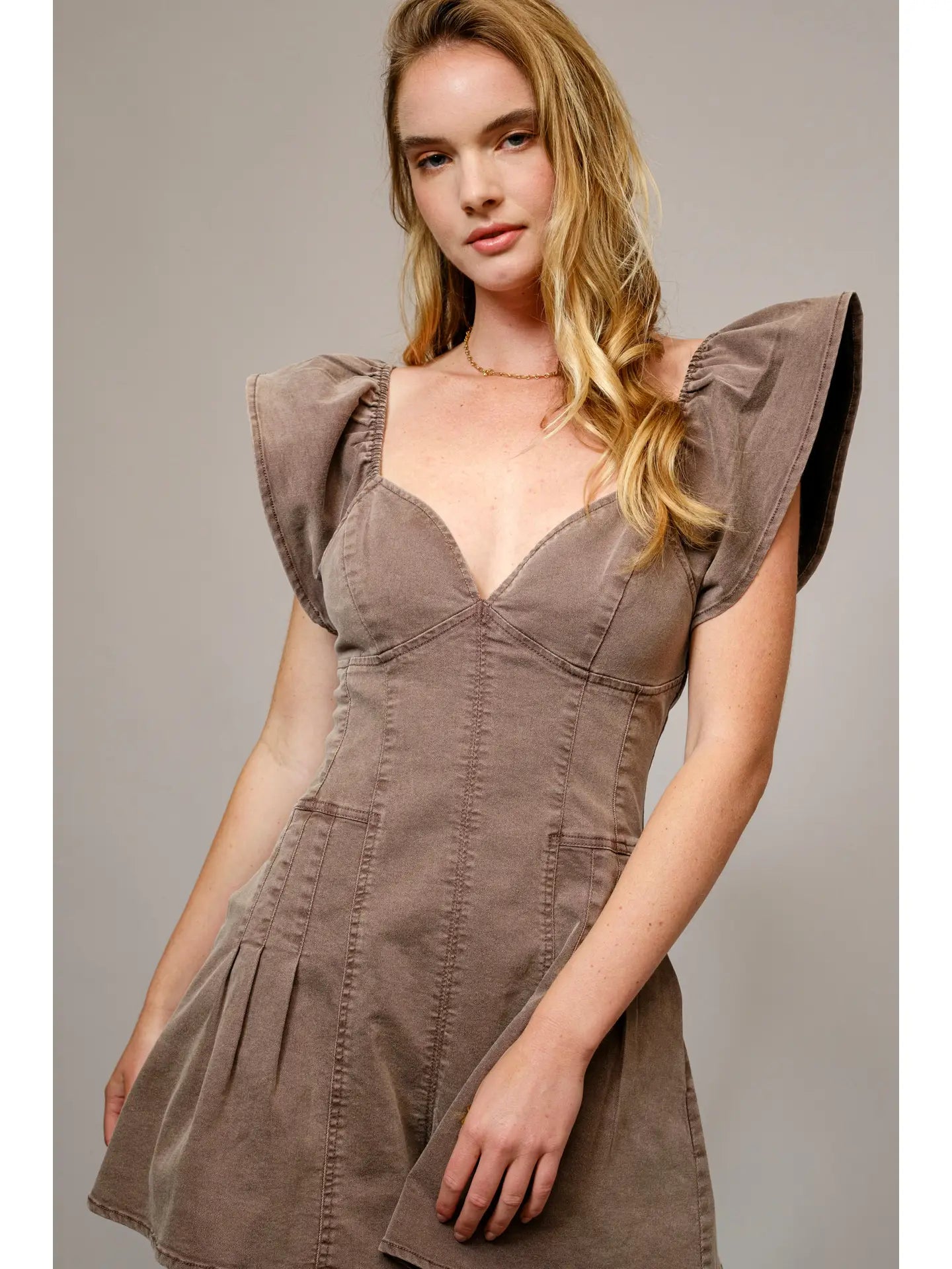 Sweetheart Ruffle Sleeve Denim Romper - Washed Brown