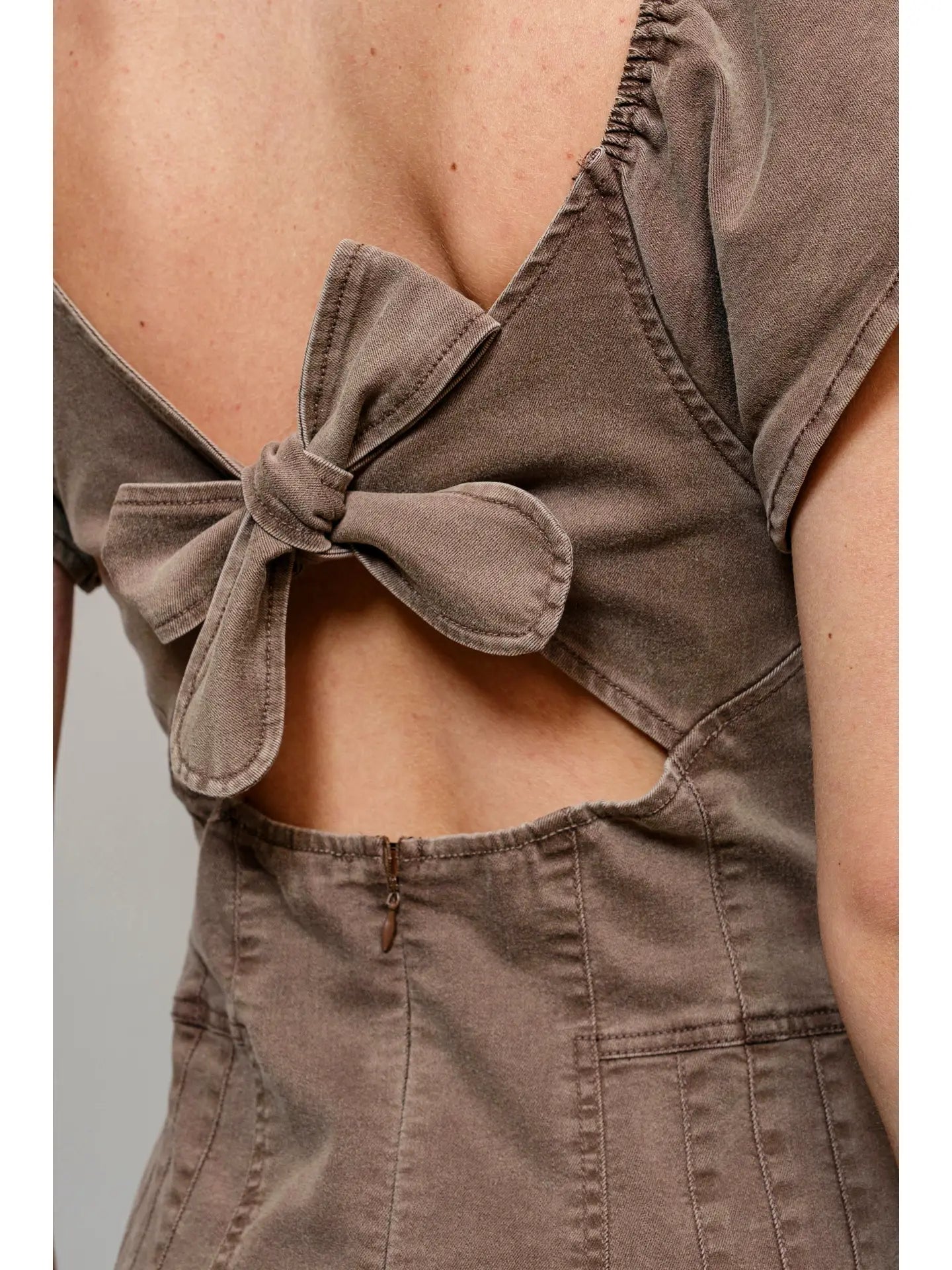 Sweetheart Ruffle Sleeve Denim Romper - Washed Brown